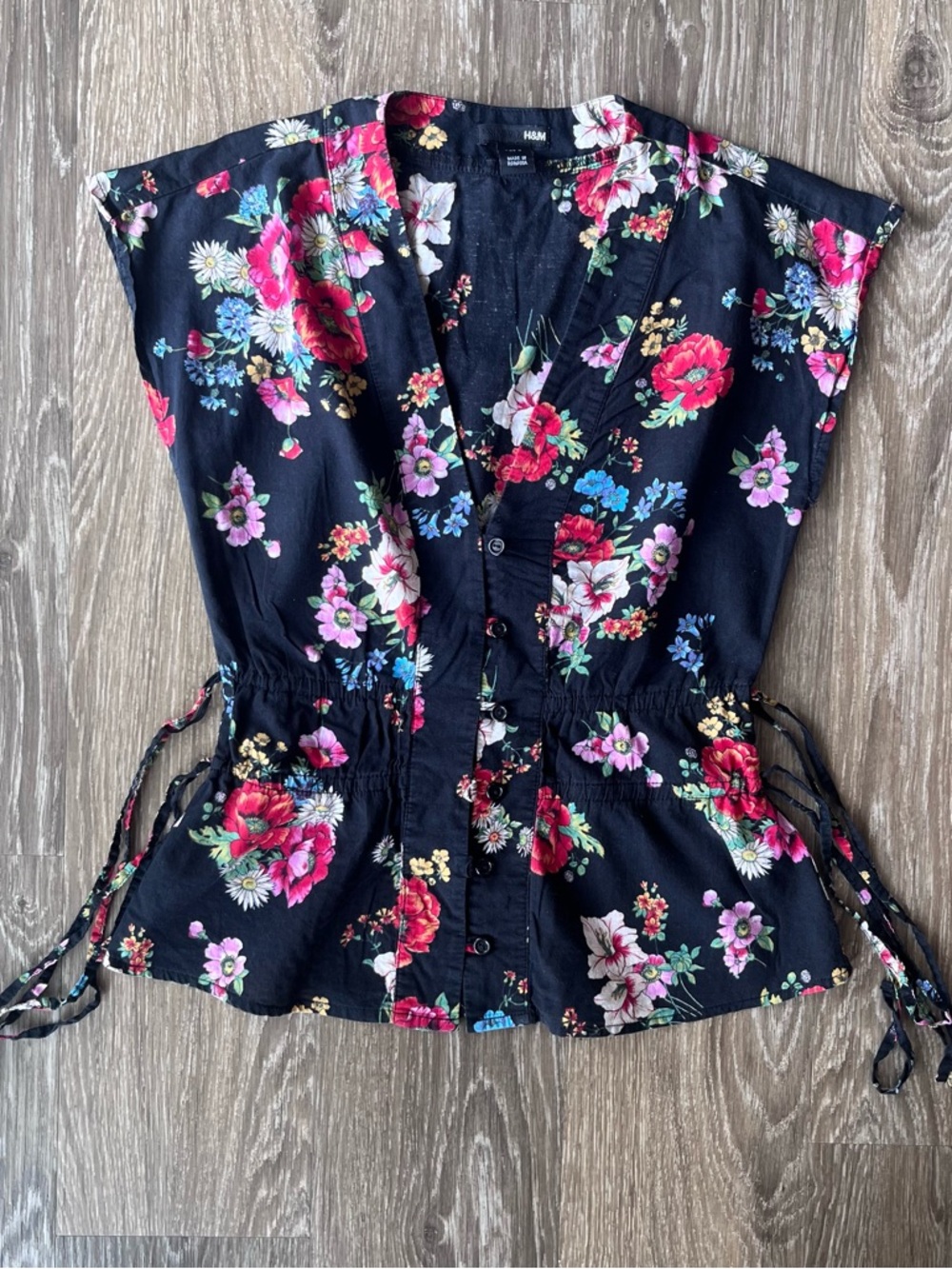 H&M Black Floral Button-Front Blouse with Drawstring Waist